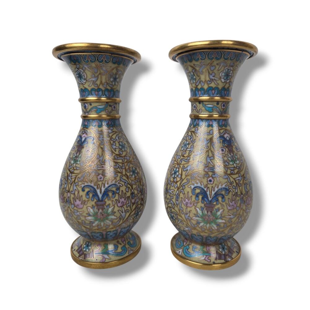 Vintage Chinese Cloisonné Floral Vase Set Pair Pale Yellow Blue Gold Art Nouveau